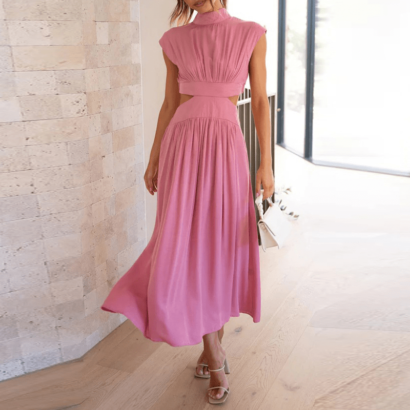 Mock Neck Cap Sleeve Cut Out Waist Pleated Midi Dress