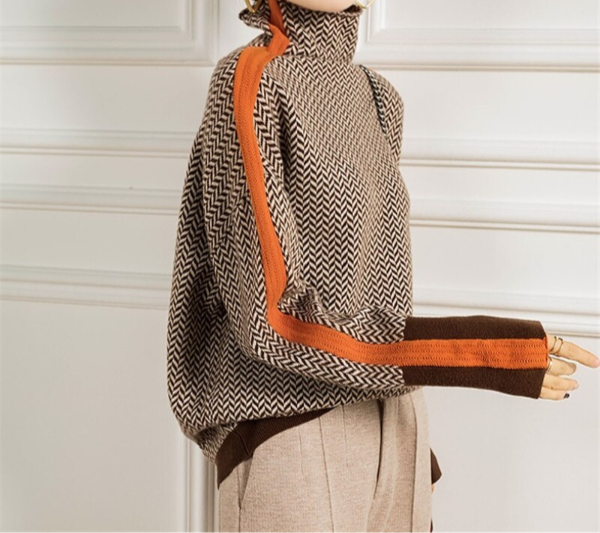Herringbone Turtleneck Contrast Trim Oversized Sweater
