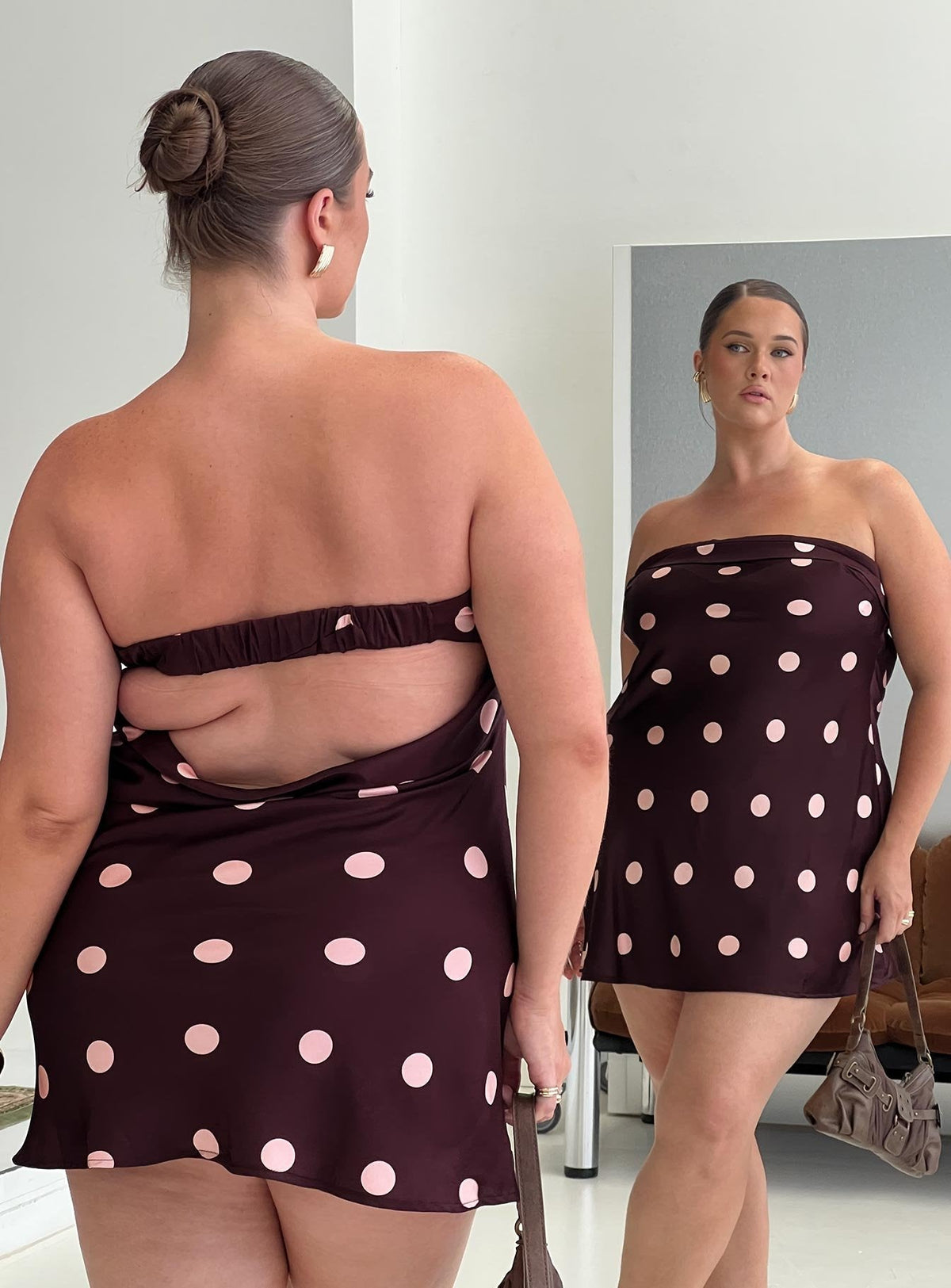 Polka Dot Satin Strapless Open Back Mini Dress