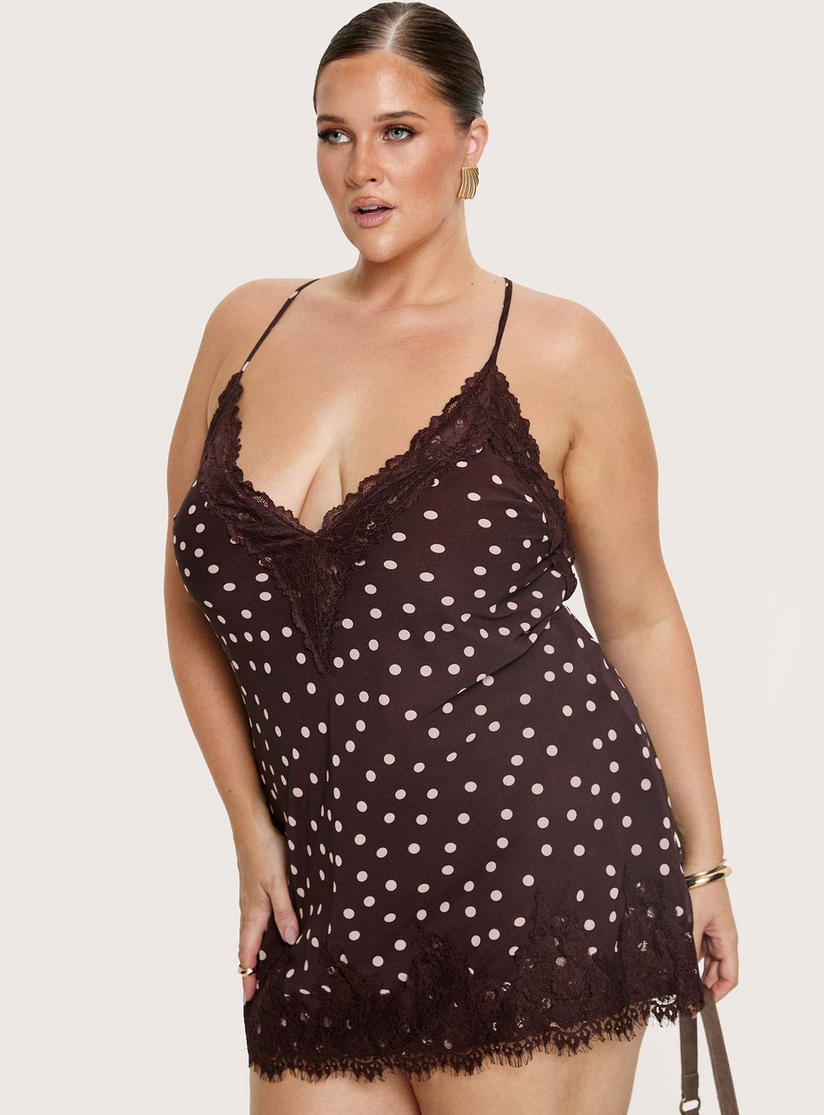 Polka Dot Lace Trim V-Neck Cami Slip Mini Dress