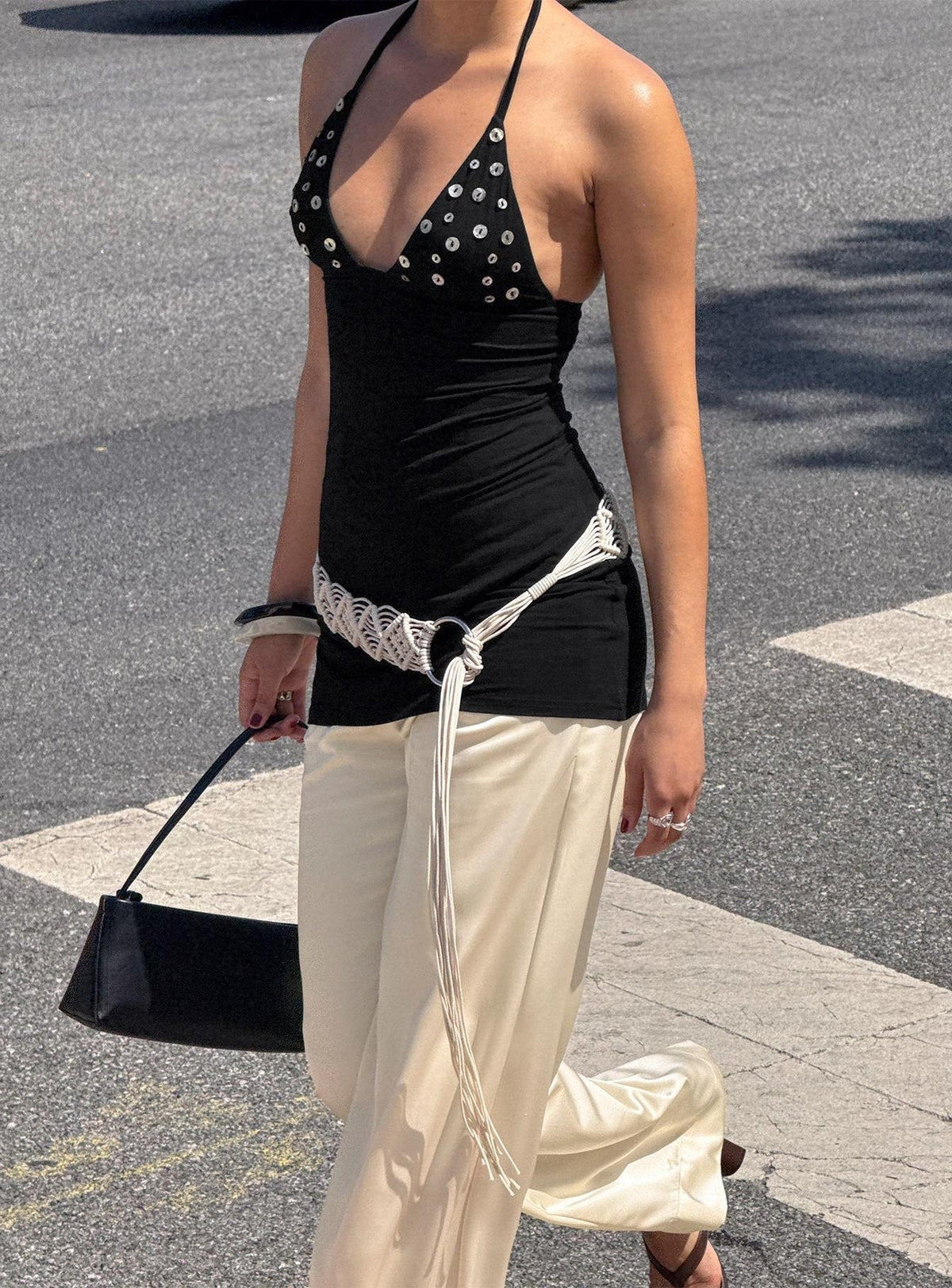 Button Embellished Halter Neck Triangle Bust Bodycon Mini Dress