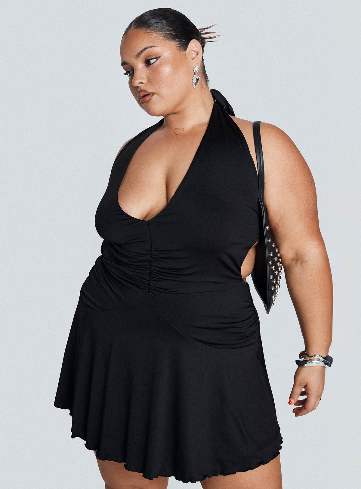 Plus Size Halter Deep V-Neck Ruched Lettuce Hem Flared Mini Dress