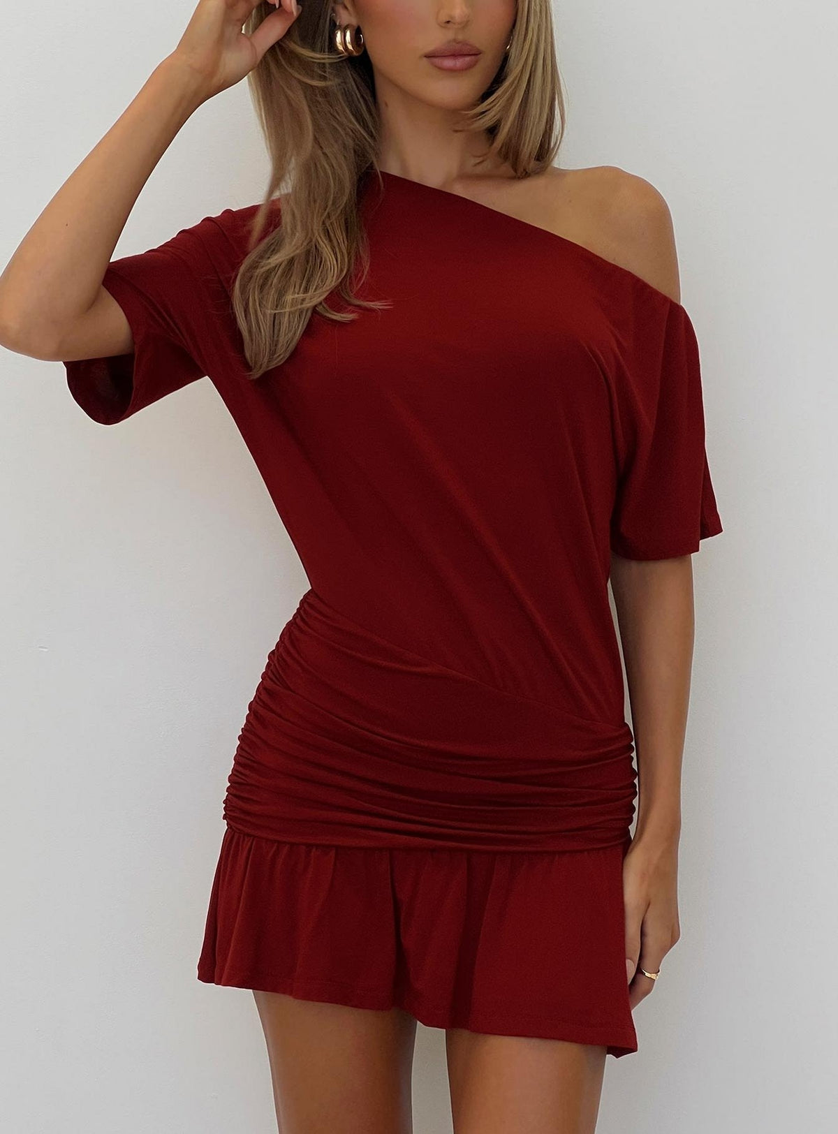 Off Shoulder Short Sleeve Ruched Waist Ruffle Hem Mini Dress