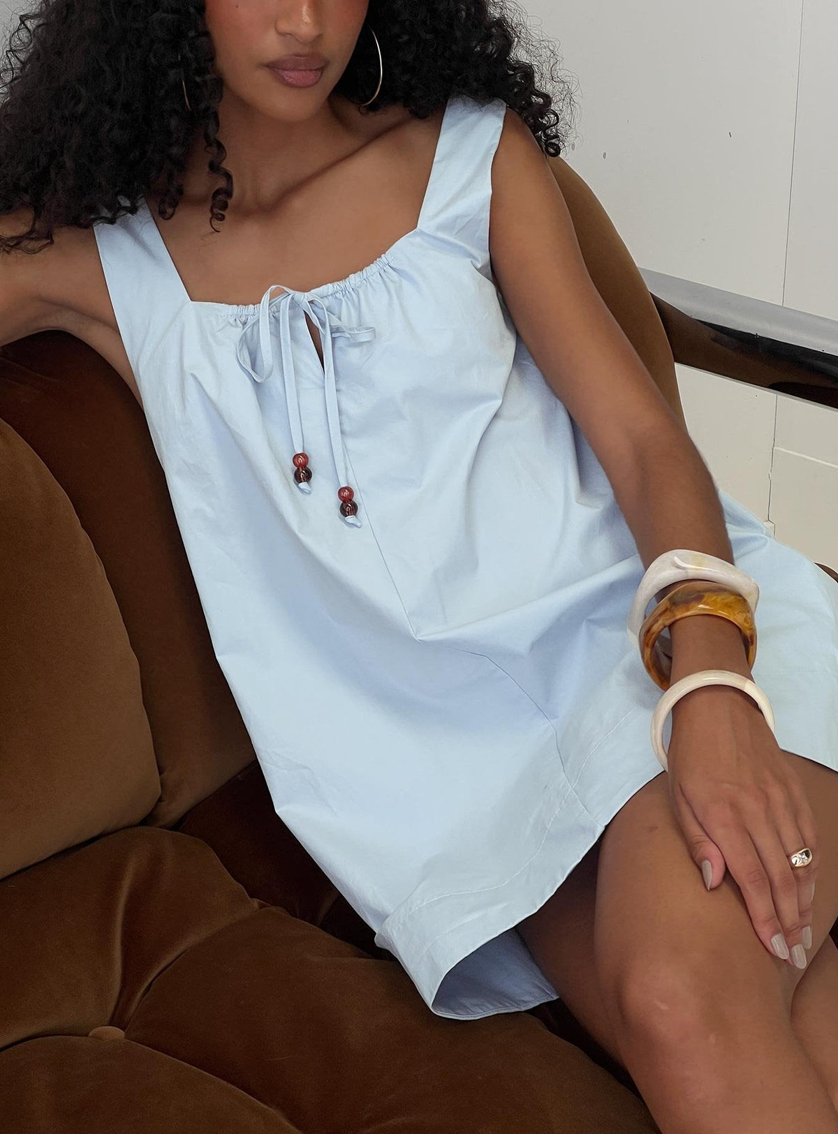 Square Neck Beaded Tie Front Sleeveless Shift Mini Dress
