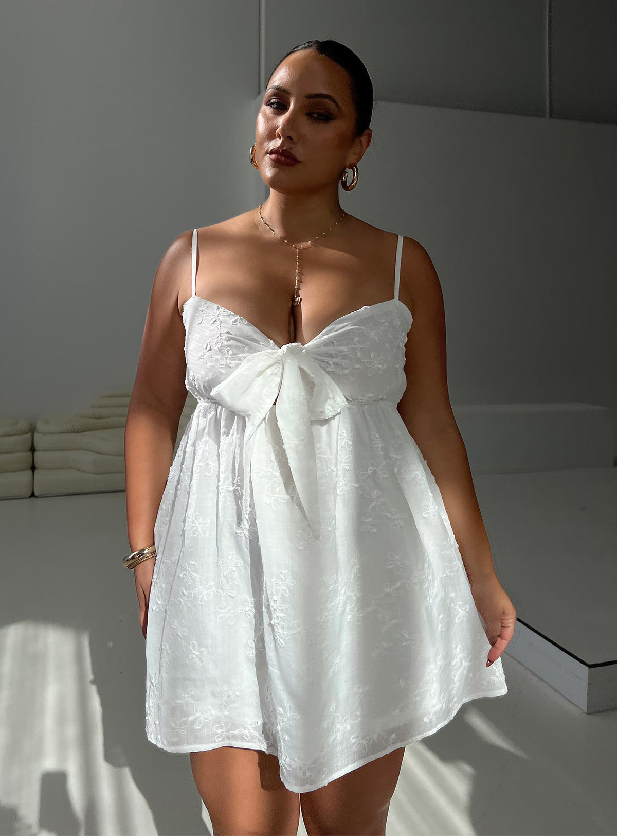 Embroidered Tie Front Bust Spaghetti Strap Babydoll Mini Dress