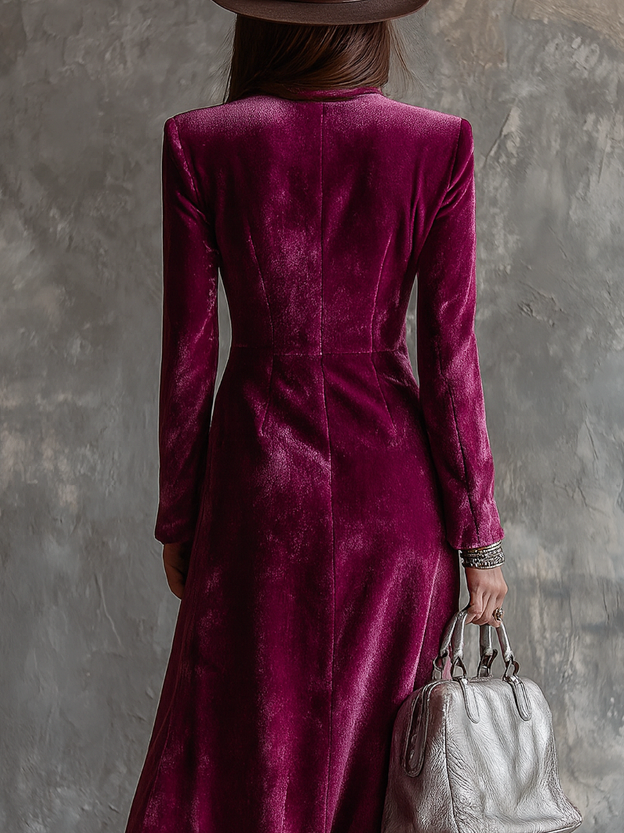 Velvet Look Double Breasted Deep V-Neck High Split Blazer Dress 4