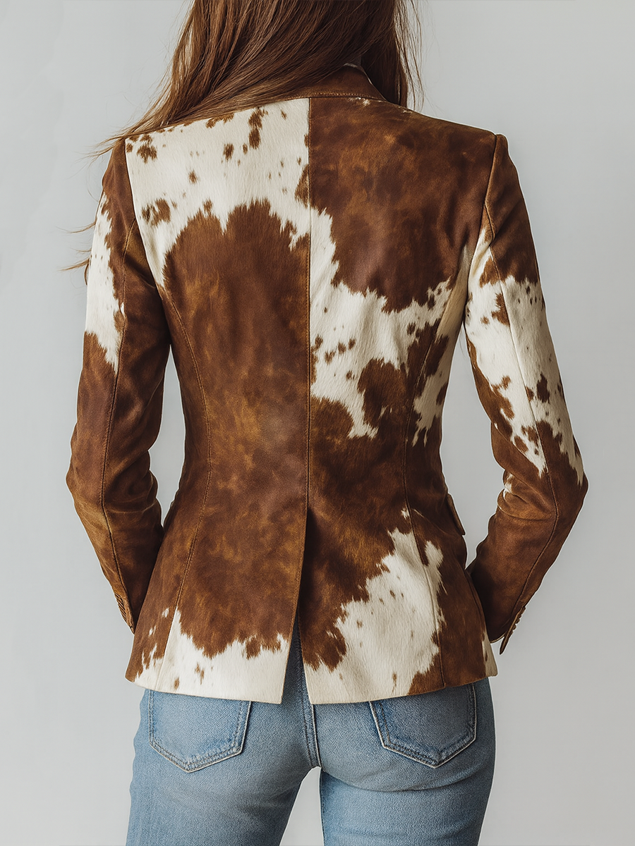 Cow Print Notch Lapel Single Button Blazer