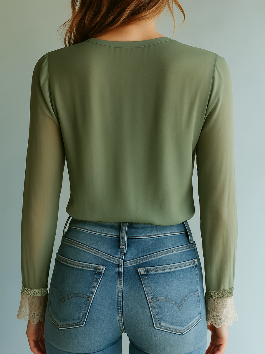 Floral Lace Trim V-Neck Long Sleeve Blouse 6