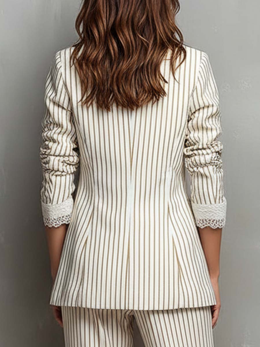 Striped Lace Trim Long Sleeve Blazer