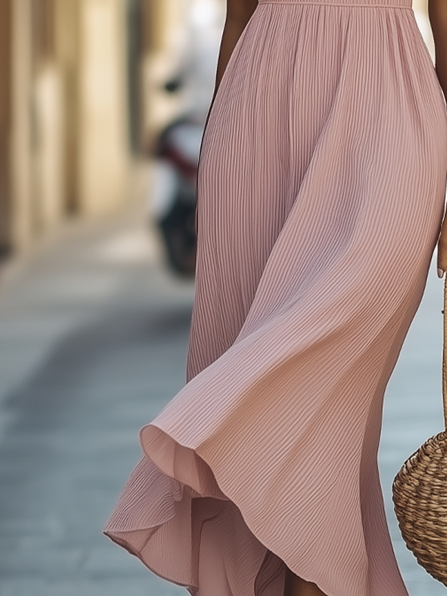 Halter Neck Waist Gathers Pleated Maxi Dress