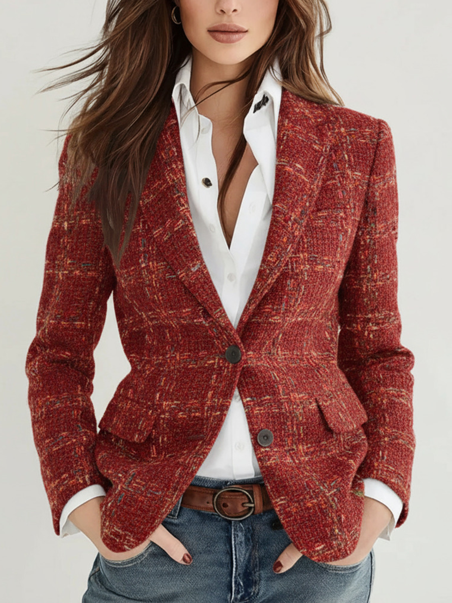 Plaid Tweed Single Button Blazer