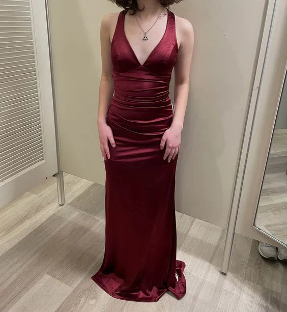 Simple Burgundy V Neck Long Party Dress Formal Prom Dress      fg6917