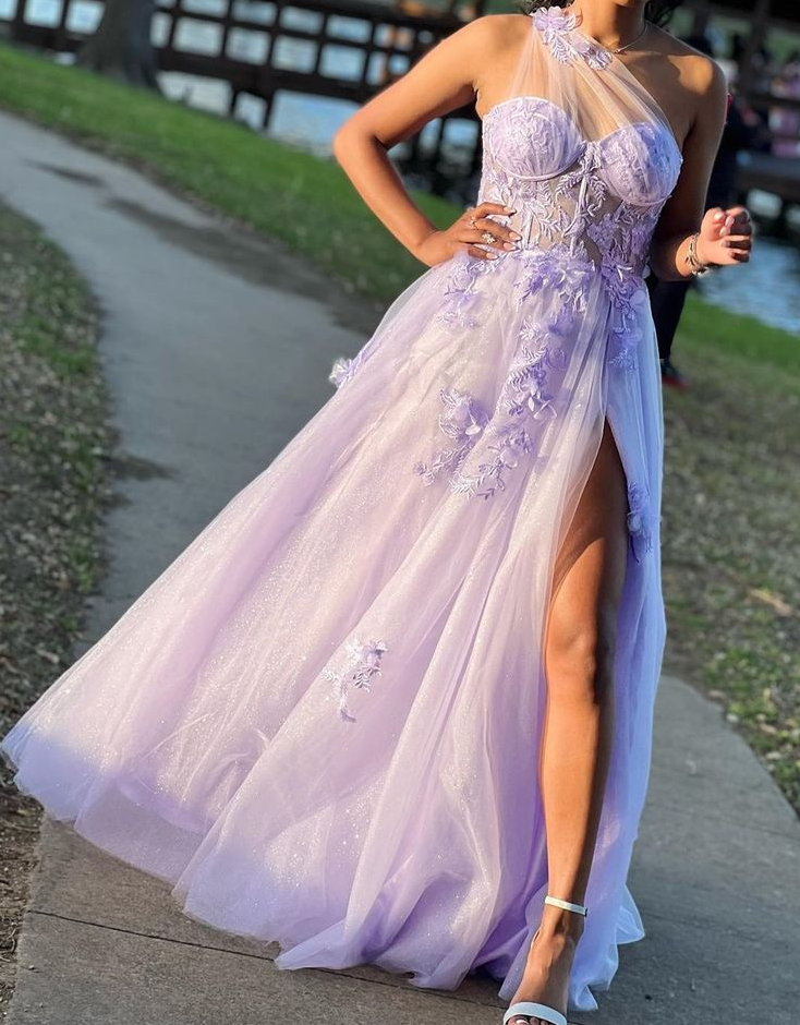 Dreamy Lavender Sheer Mesh One-Shoulder Long Prom Gown
