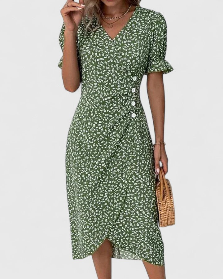 Ditsy Floral V-Neck Short Sleeve Button Wrap Midi Dress