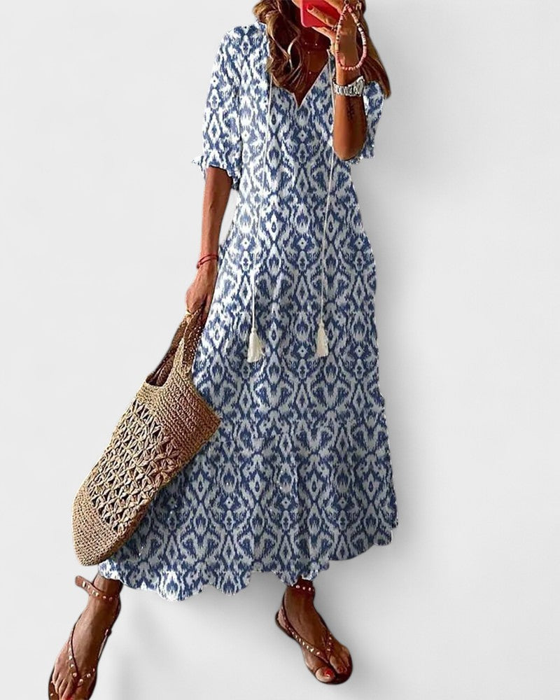 Ikat Print Split Neck Tassel Tie Tiered Maxi Dress