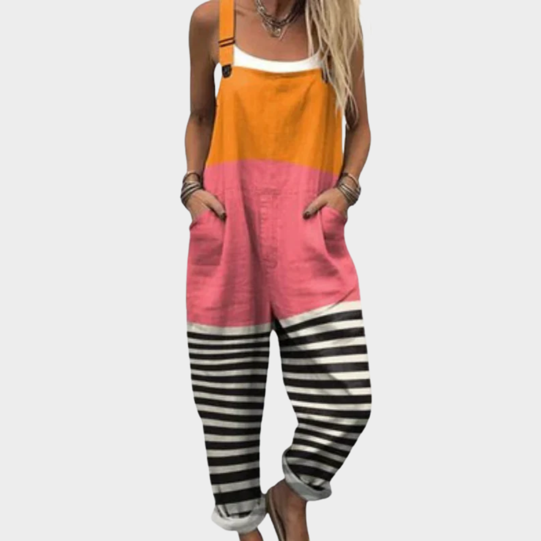 Striped Panel Adjustable Strap Pocket Overall Jumpsuit