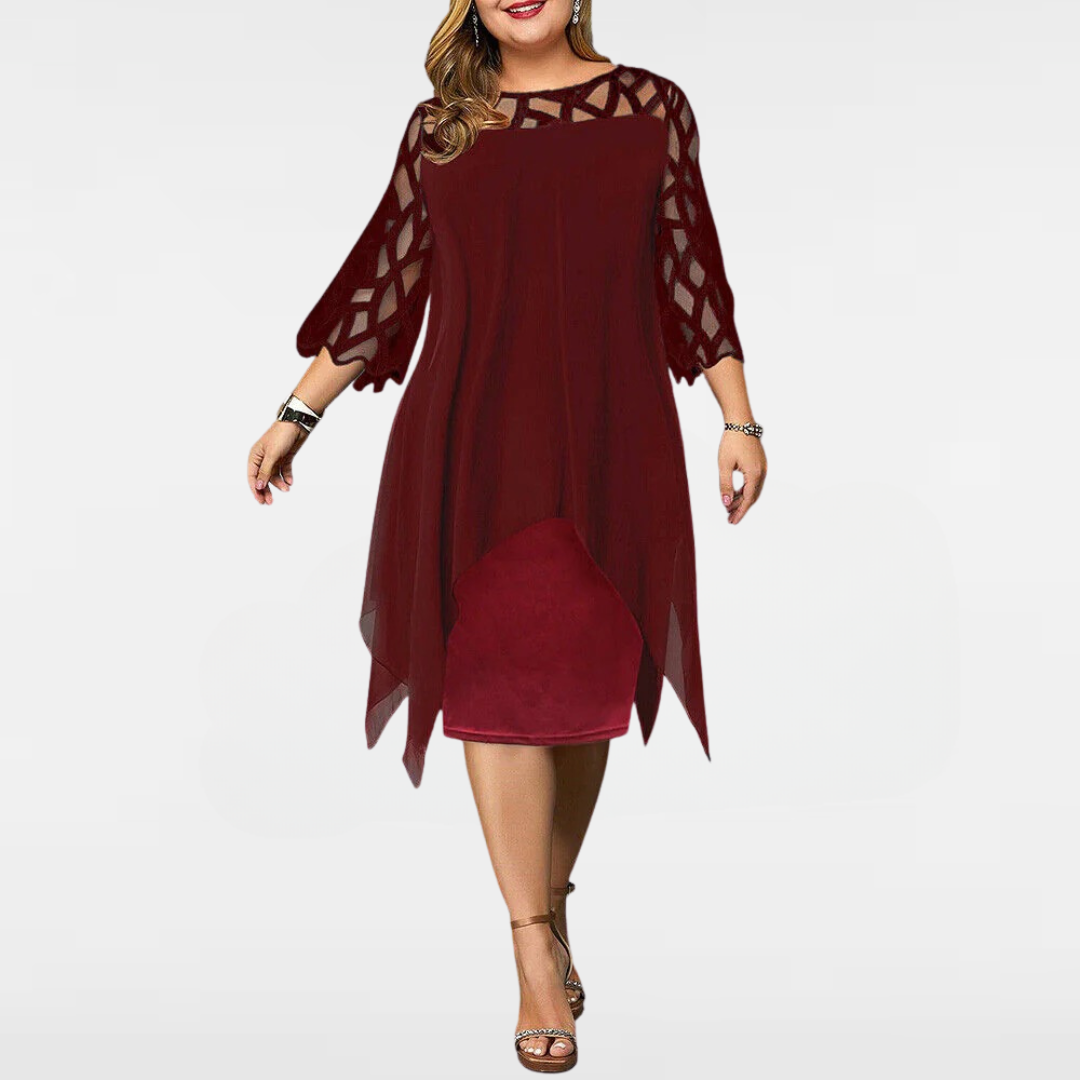 Round Neck Lace Sleeve Chiffon Overlay Midi Dress Cocktail