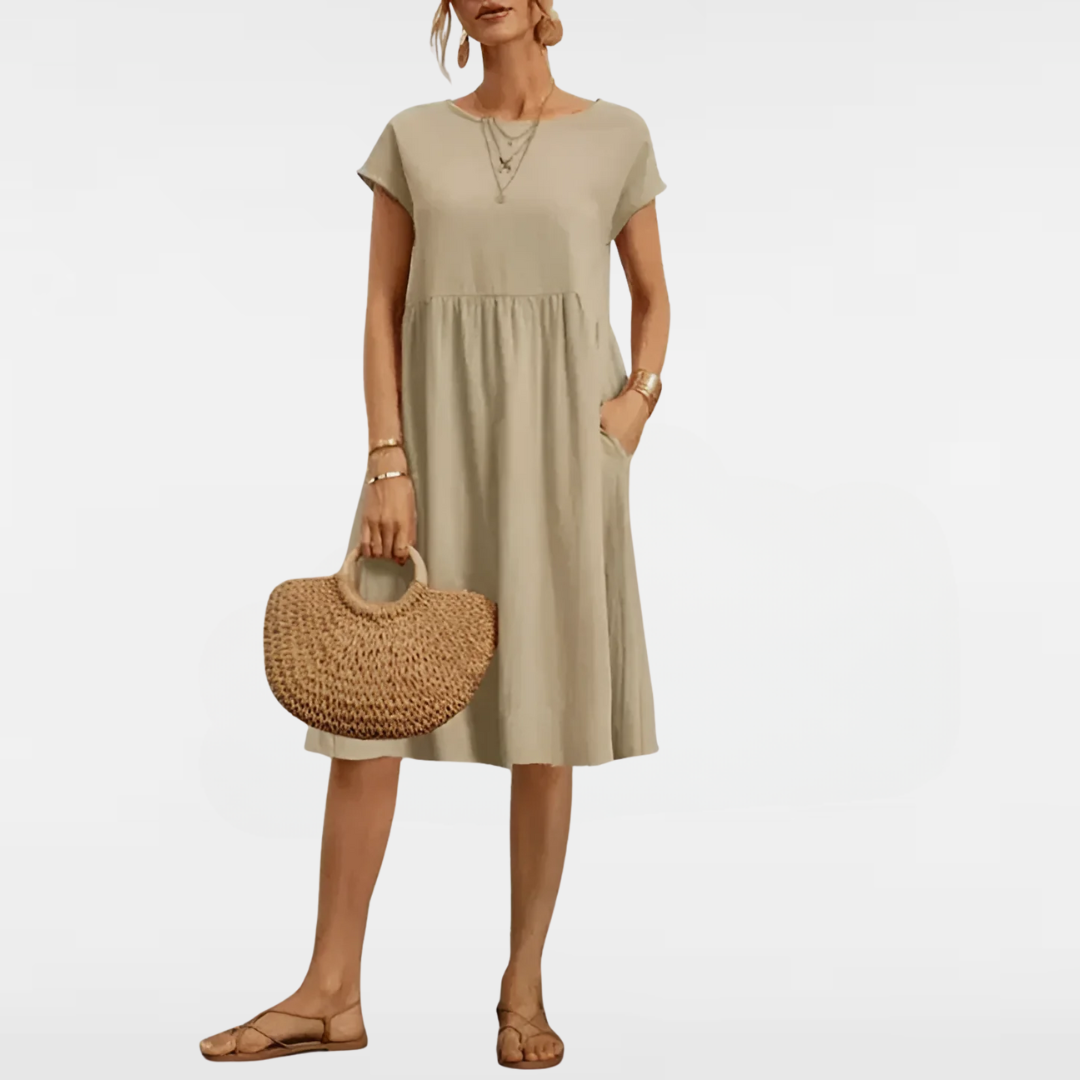 Crew Neck Cap Sleeve Pocket Midi Dress Summer