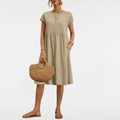 Crew Neck Cap Sleeve Pocket Midi Dress Summer