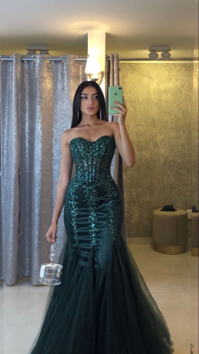 Dark Green Sweetheart Mermad Tulle Sequins Long Prom Dress
