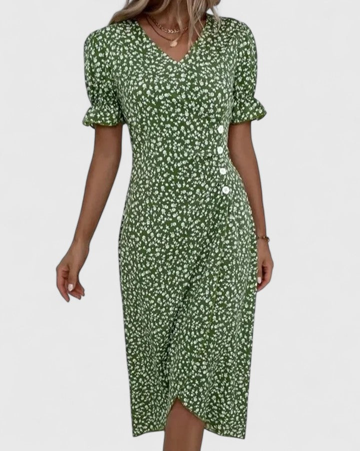 Ditsy Floral V-Neck Short Sleeve Button Wrap Midi Dress