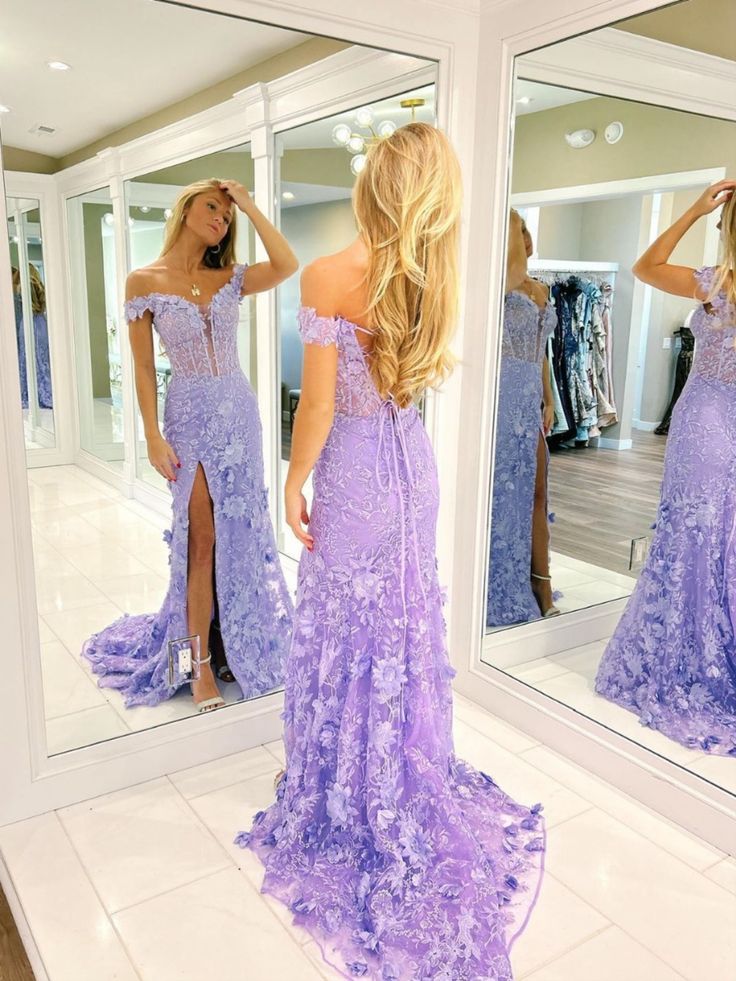 Off The Shoulder Floral Lace Long Prom Dress With Split