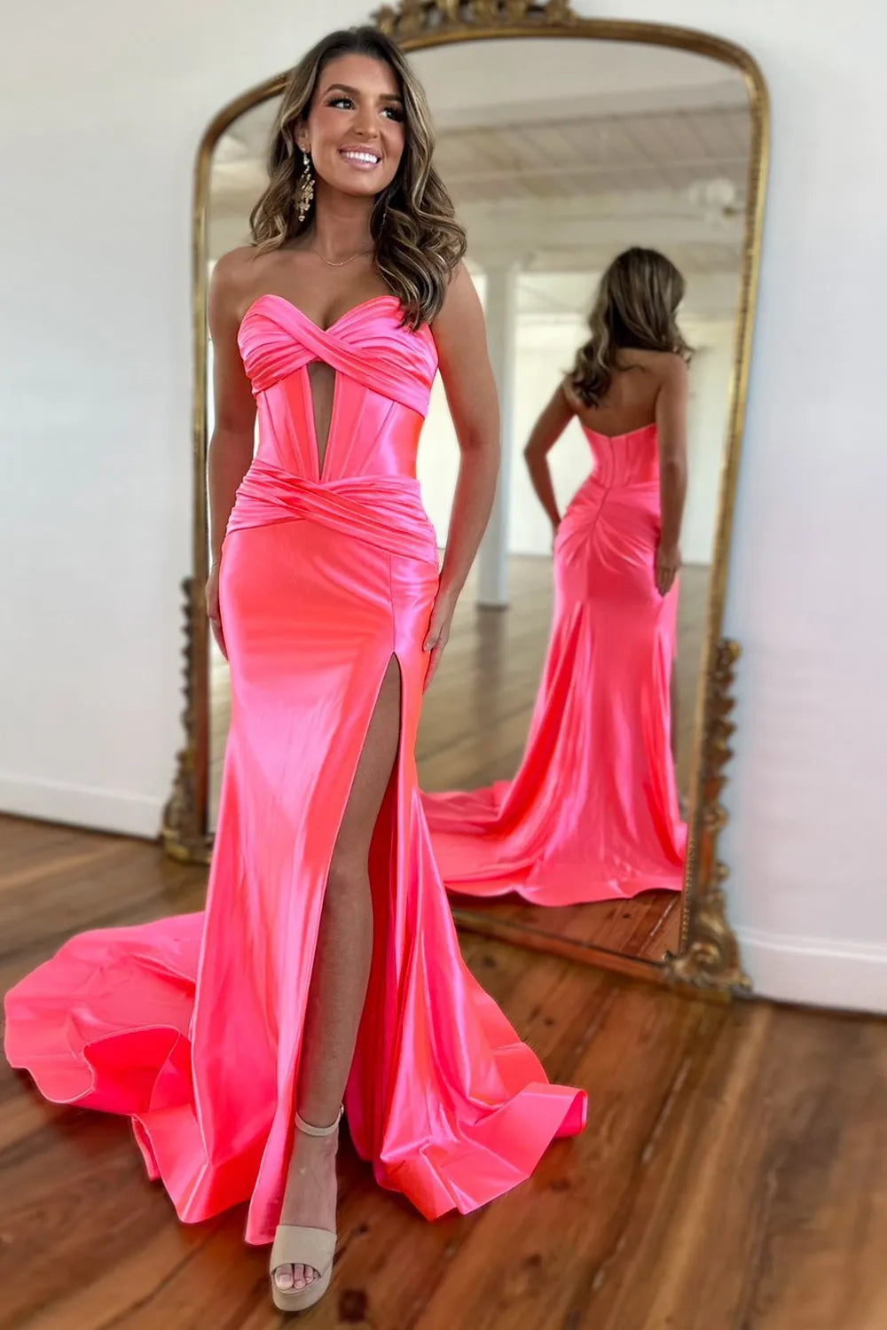 Satin Mermaid Strapless Long Prom Dress With Split