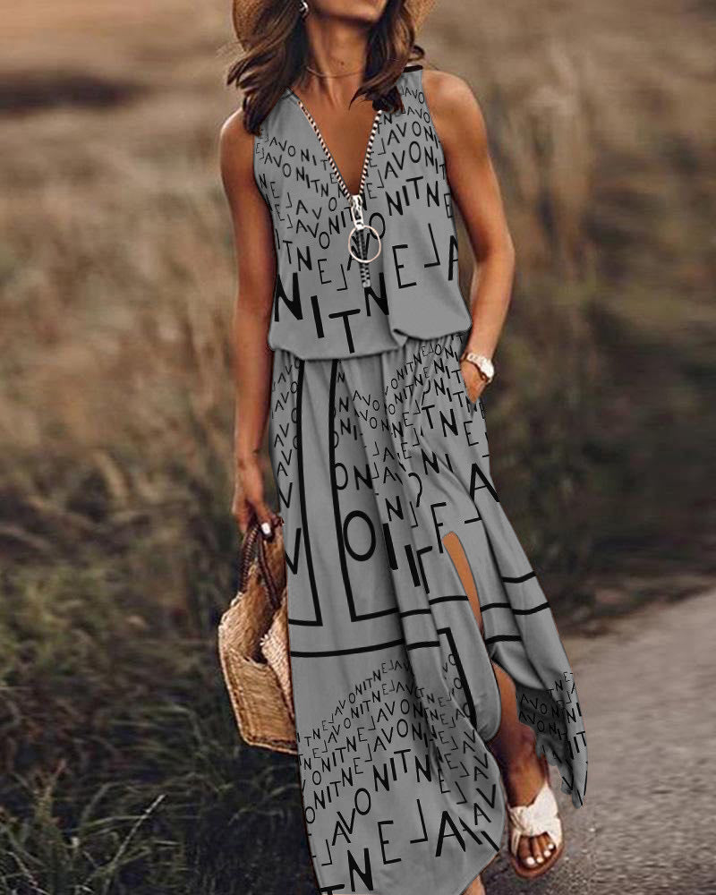 Ihsan Elevated Letter Pattern Sleeveless Dress Boutique Collection