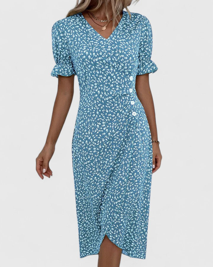 Ditsy Floral V-Neck Short Sleeve Button Wrap Midi Dress