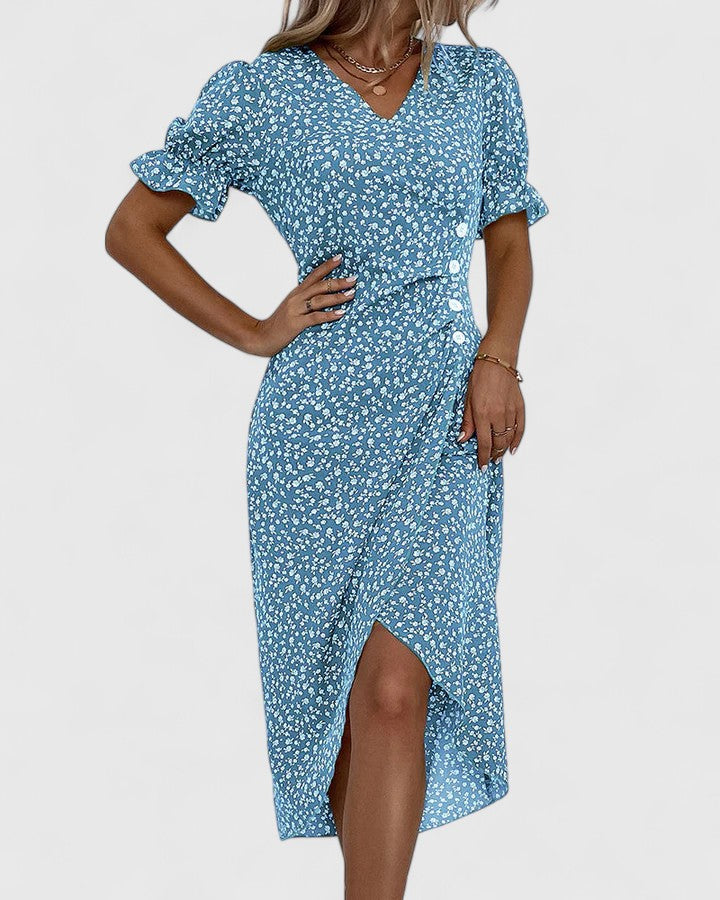Ditsy Floral V-Neck Short Sleeve Button Wrap Midi Dress