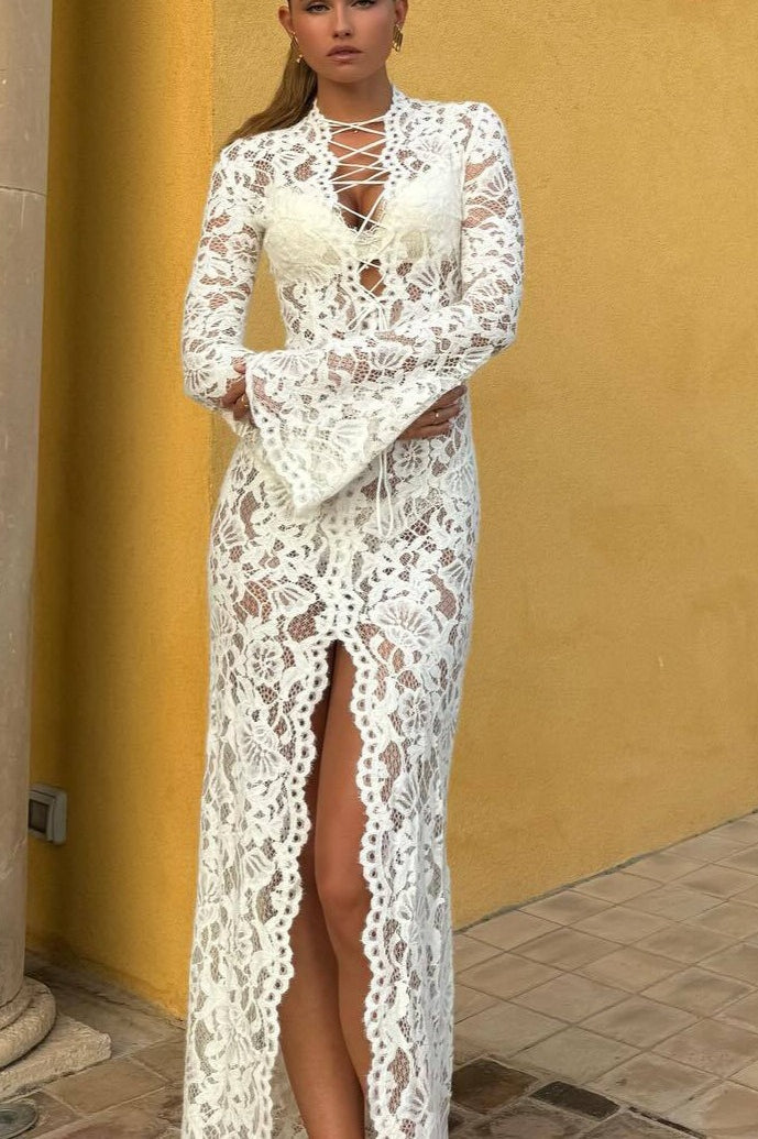 Trendy Lace Tie High Split Lace Dress 2