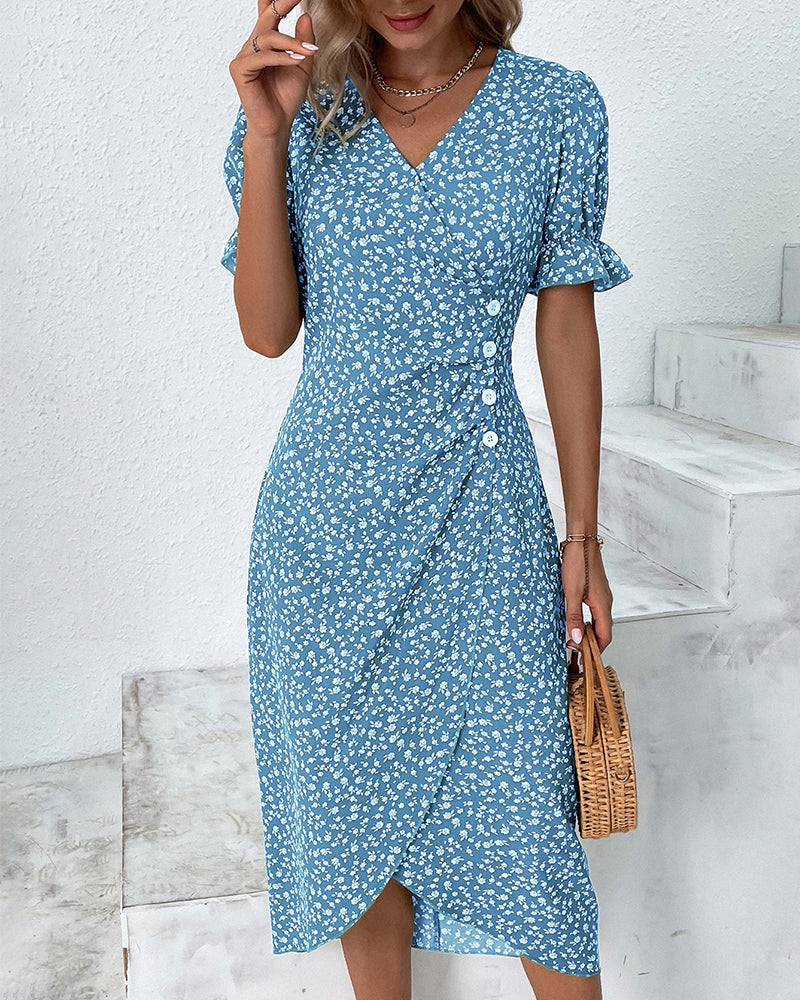 Ditsy Floral V-Neck Ruffle Sleeve Button Wrap Midi Dress