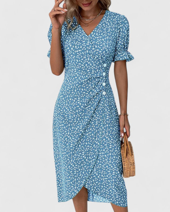 Ditsy Floral V-Neck Short Sleeve Button Wrap Midi Dress