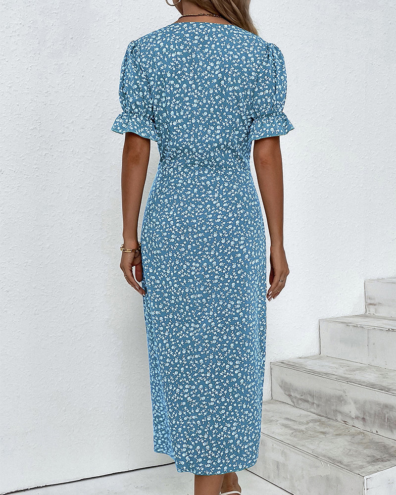 Ditsy Floral V-Neck Ruffle Sleeve Button Wrap Midi Dress
