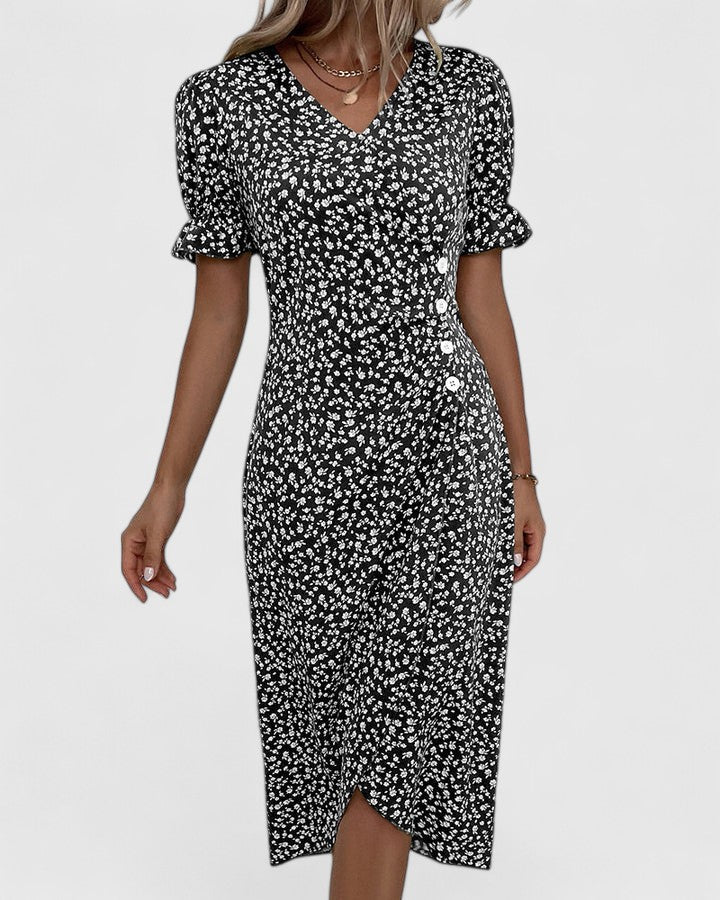 Ditsy Floral V-Neck Short Sleeve Button Wrap Midi Dress