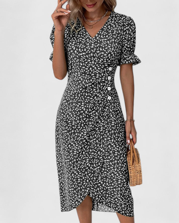 Ditsy Floral V-Neck Short Sleeve Button Wrap Midi Dress