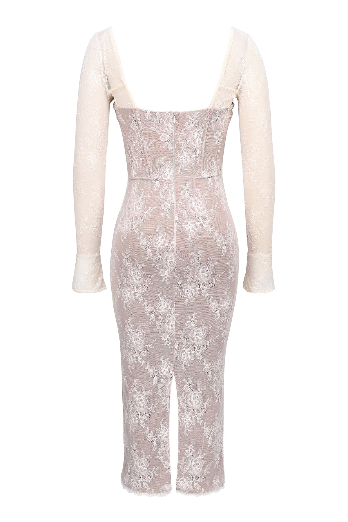 Floral Lace Corset Bodice Sweetheart Long Sleeve Midi Dress 14