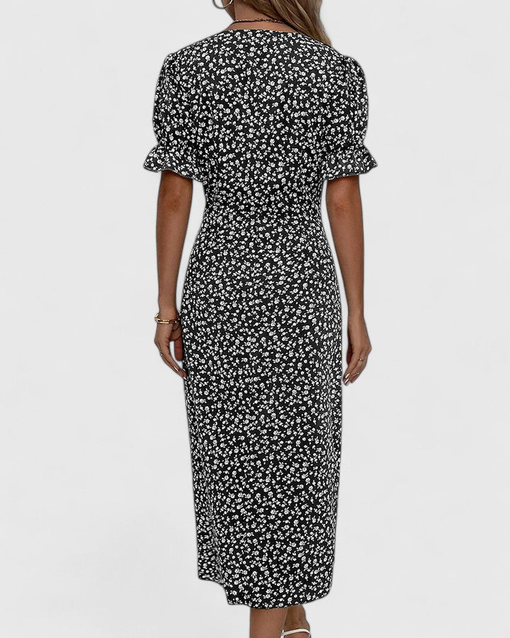 Ditsy Floral V-Neck Short Sleeve Button Wrap Midi Dress