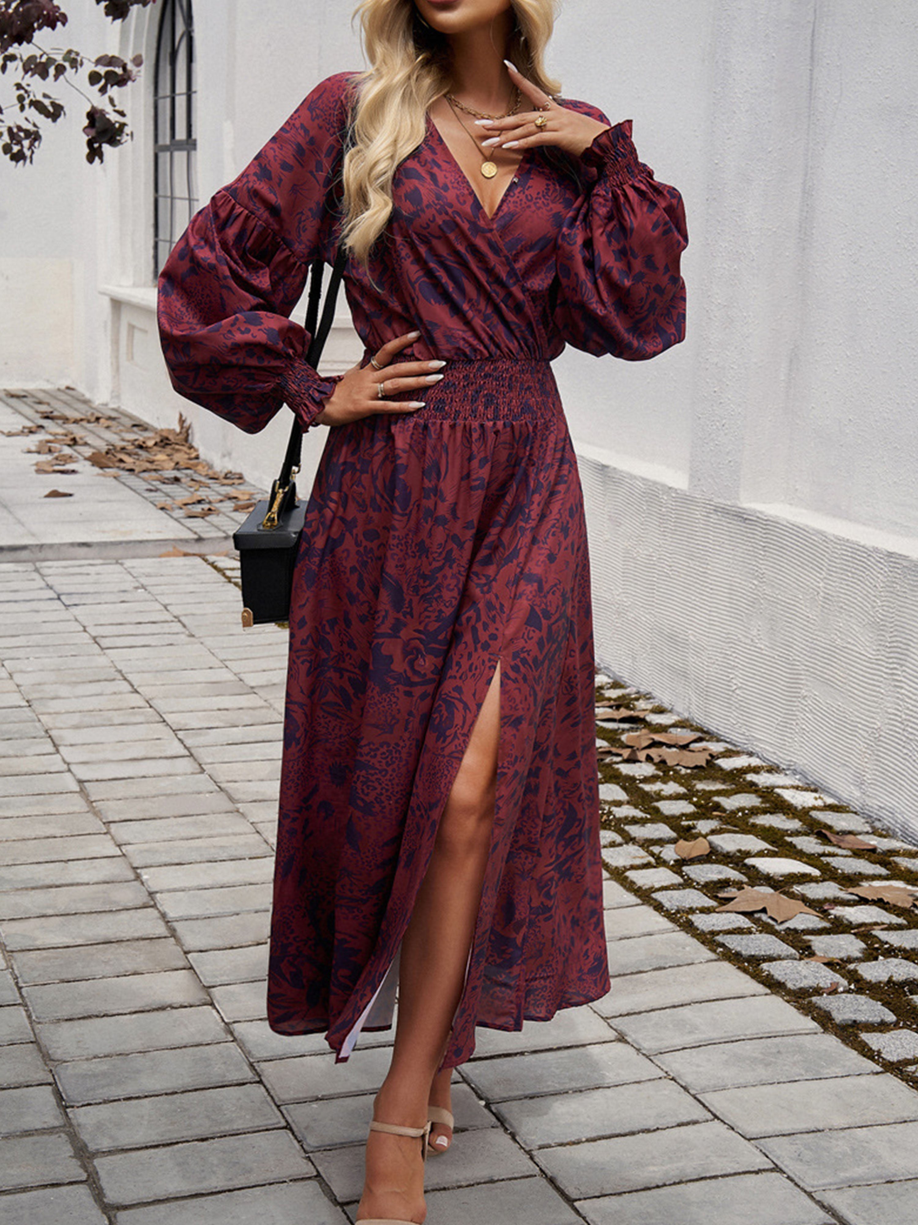 Empire Waist V Neck Long Sleeves Cabernet Wedding Guest Dress With Split