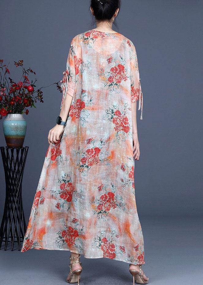 Floral Print Frog Closure Chest Panel Half Sleeve Oversized Linen Blend Maxi Dress
