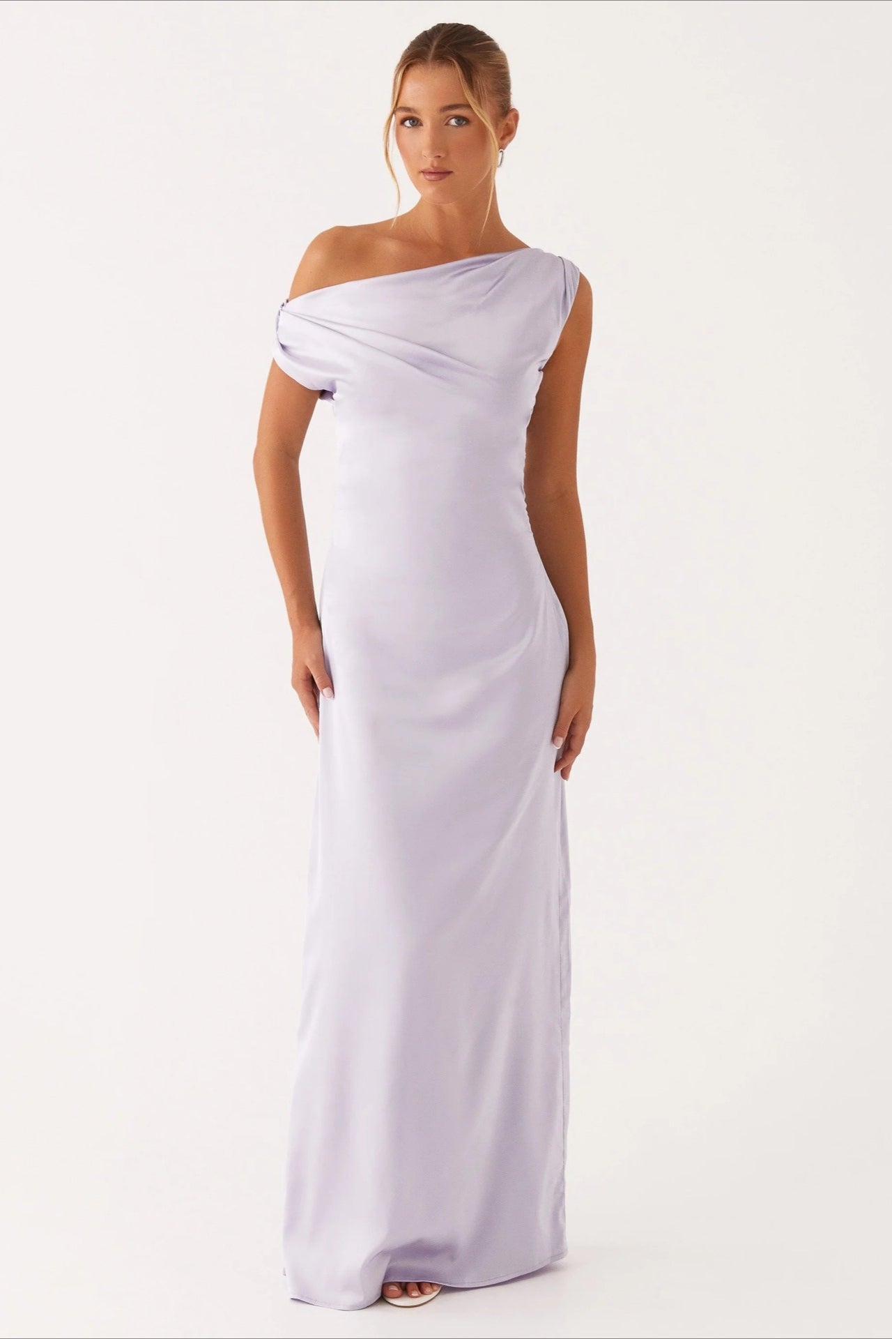 Satin Asymmetric One Shoulder Ruched Maxi Gown
