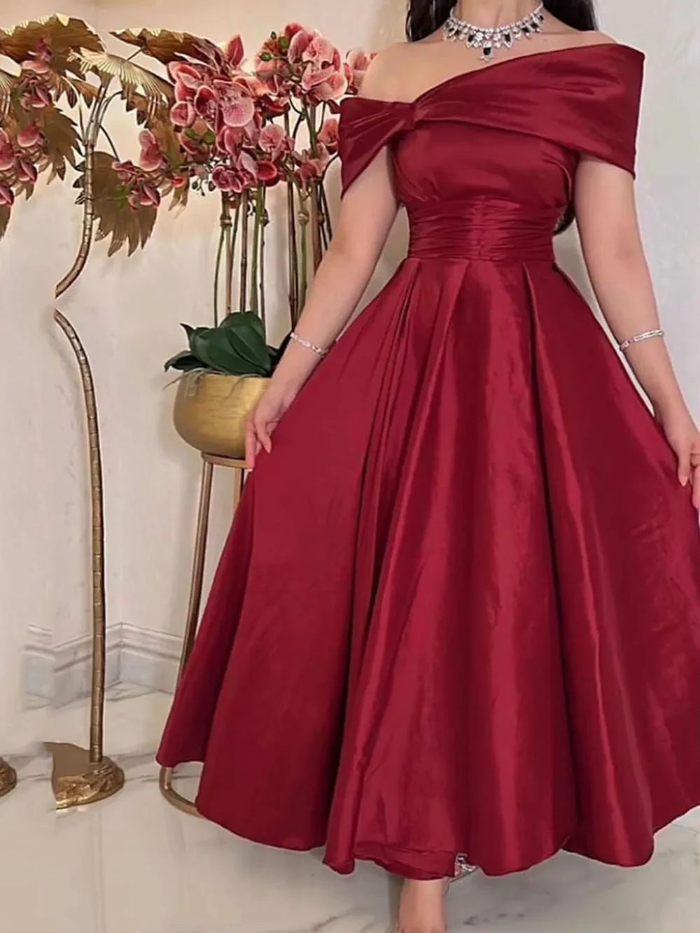 Dark Red Midi Prom Dresses Off Sleeves Ankle Length Arabic Dubai Formal Party Gowns