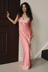 Satin Lace Trim Spaghetti Strap High Split Slip Maxi Dress