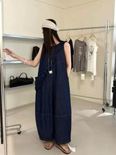 Denim Sleeveless Ruffle Trim A-Line Maxi Dress 6