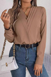 Solid Color Layered V Neck Elegant Long Sleeve Blouse
