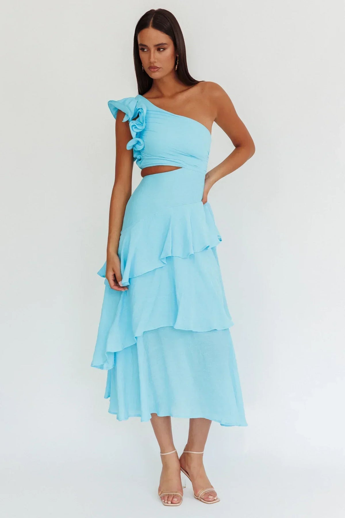 Deanna One-Shoulder Tiered Maxi Dress Blue