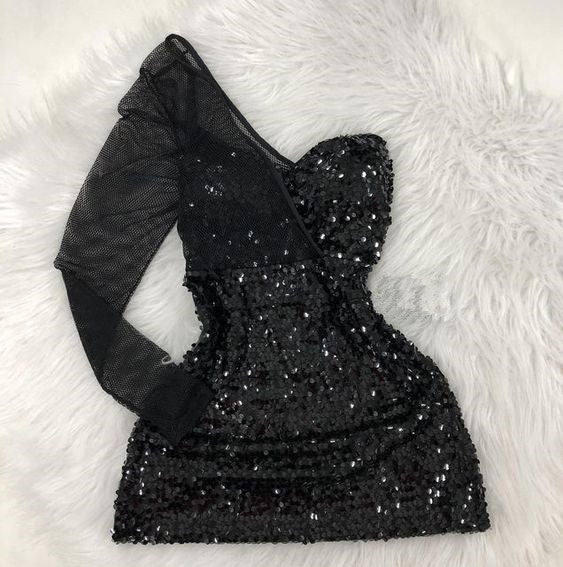 Black One Shoulder Sequins Mini Homecoming Dress