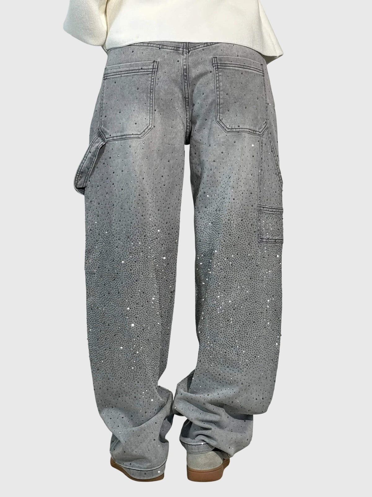Rhinestone Embellished Wide Leg Cargo Jeans