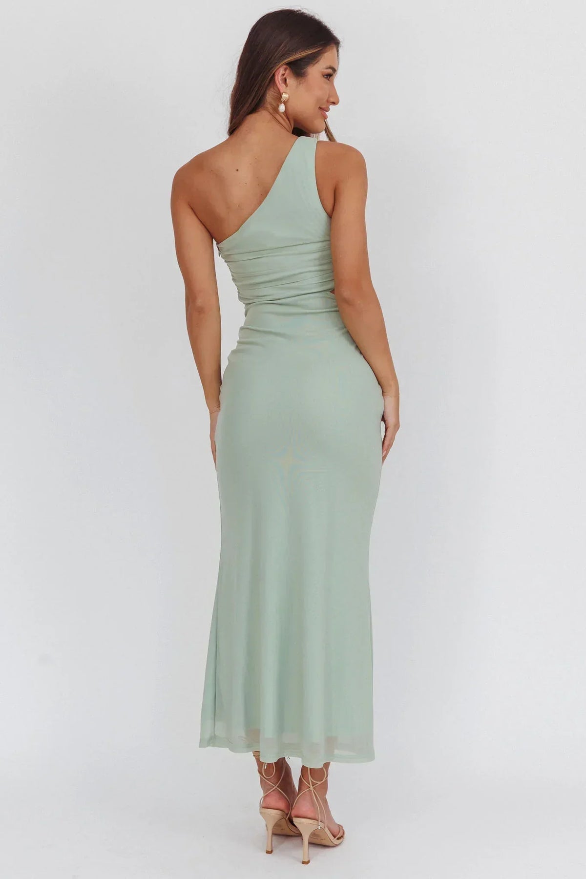 One Shoulder Side Cut Out Twist Front Mesh Midi Dress 2