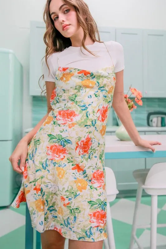 Floral Print Satin Cowl Neck Spaghetti Strap Flared Mini Dress 8